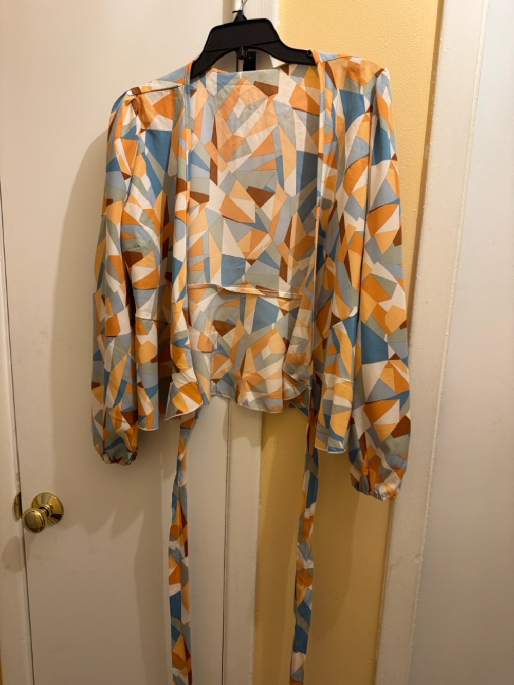 SHEIN Geometric Tie-Front Blouse in Orange, Blue & Cream - Picture 2 of 4
